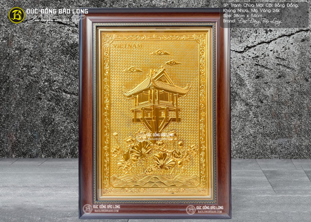 tranh chùa một cột bằng đồng mạ vàng khổ 38cm x 54cm