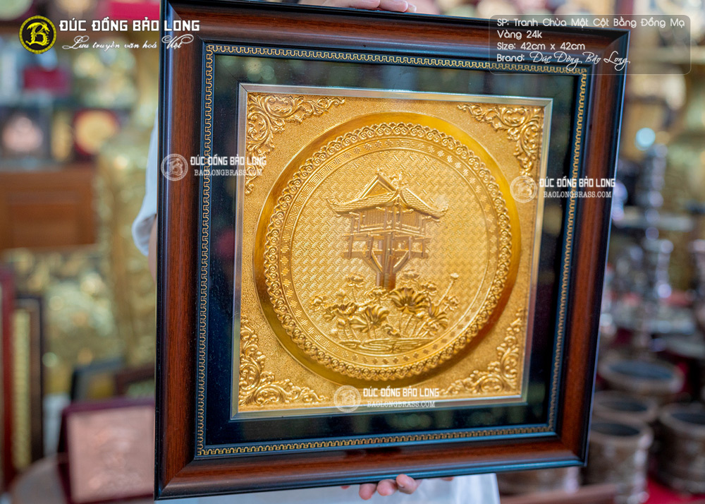 tranh chùa một cột bằng đồng mạ vàng 24k vuông 42cm