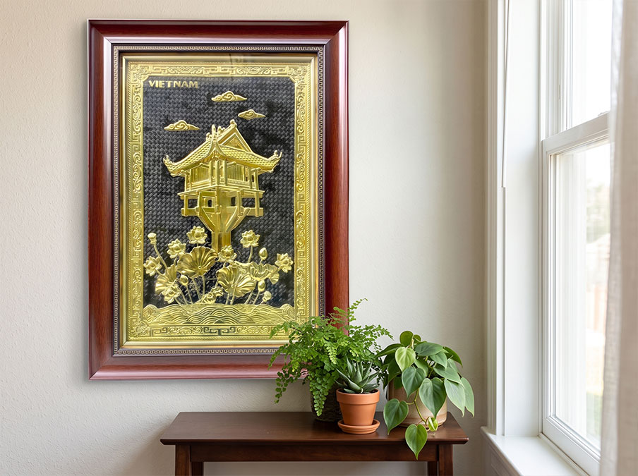 Tranh Chùa Một Cột bằng đồng kt 50x70