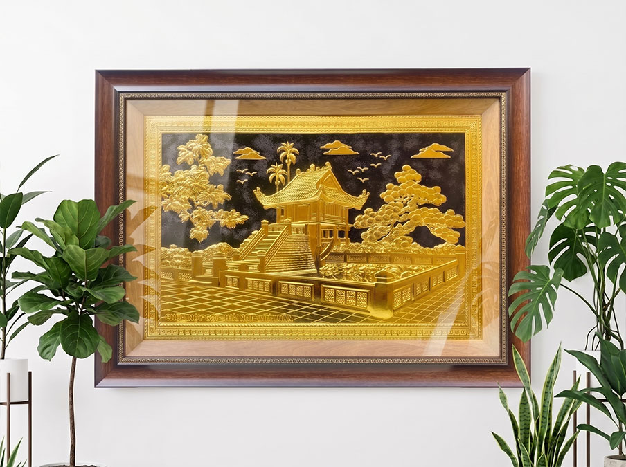 Tranh Chùa Một Cột bằng đồng khổ 40cm x 55cm và 50cm x 70cm dát vàng