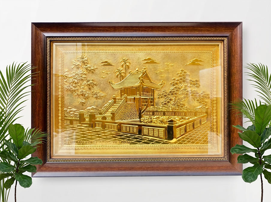 Tranh Chùa Một Cột bằng đồng khổ 40cm x 55cm và 50cm x 70cm dát vàng