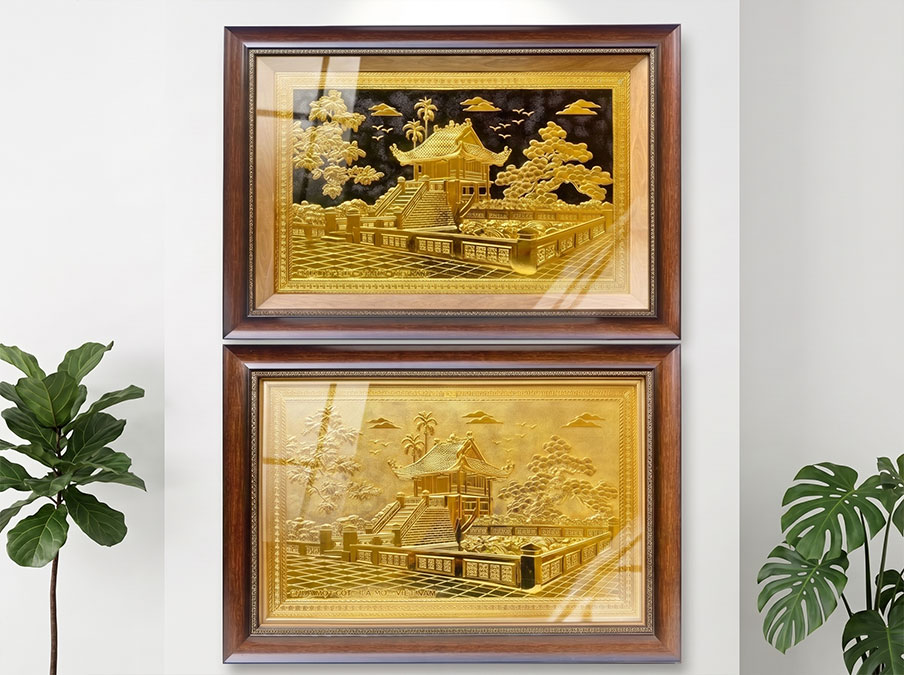 Tranh Chùa Một Cột bằng đồng khổ 40cm x 55cm và 50cm x 70cm dát vàng