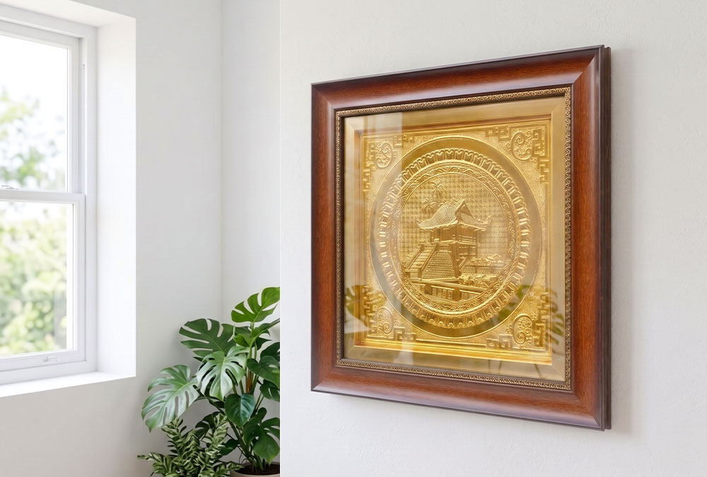 Tranh Chùa Một Cột bằng đồng khổ vuông 40cm dát vàng