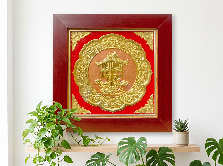 Tranh Chùa Một Cột bằng đồng khổ vuông 42cm