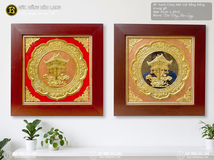 Tranh Chùa Một Cột bằng đồng khổ vuông 42cm