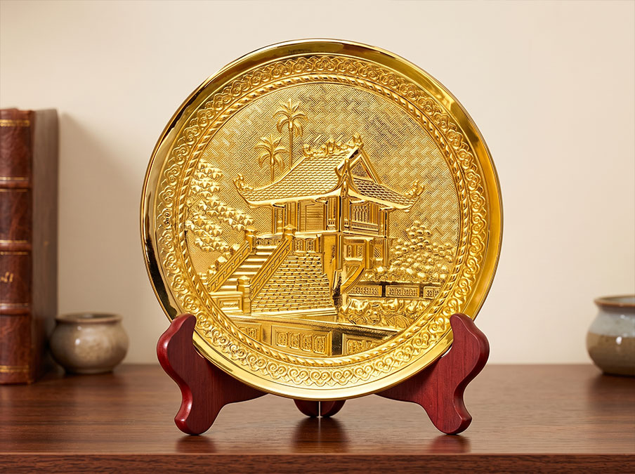 Tranh Đĩa Tròn Chùa Một Cột để bàn bằng đồng dát vàng đk 19cm và 25cm