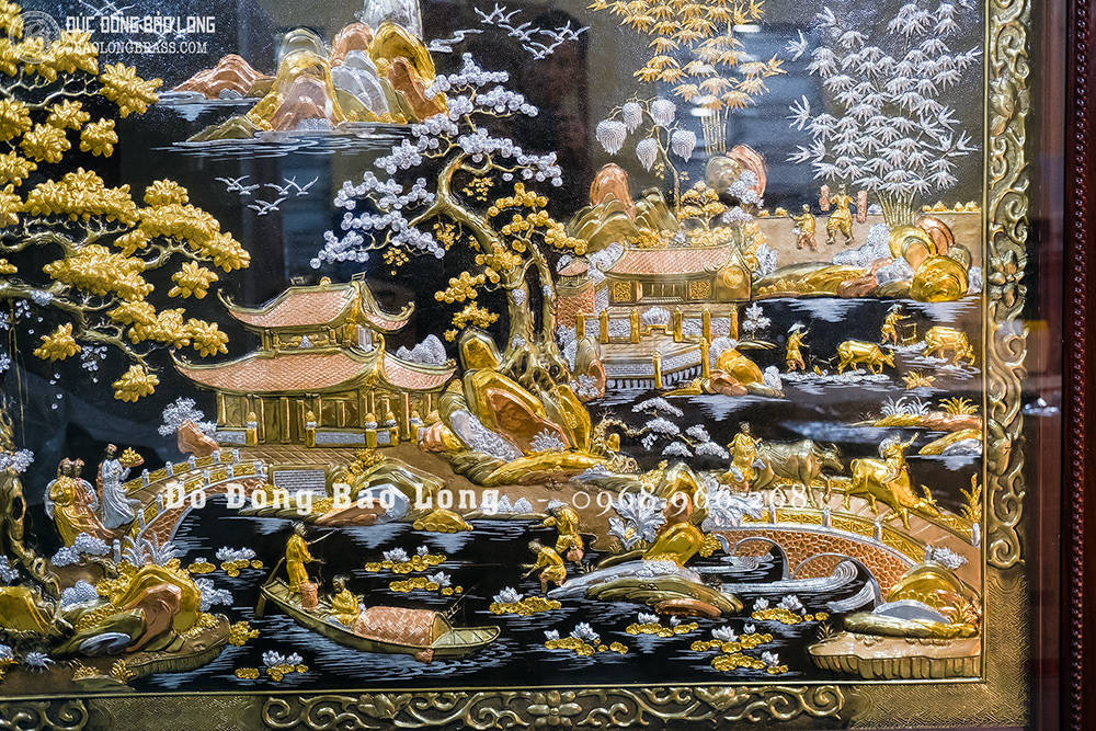 Tranh Cội Nguồn Quê Hương bằng đồng đỏ dát điểm vàng bạc khung gỗ gụ khổ 2m62 x 1m55