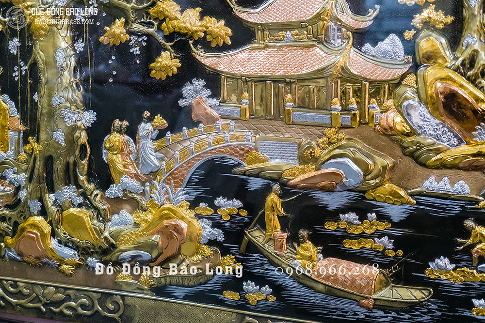 Tranh Cội Nguồn Quê Hương bằng đồng đỏ dát điểm vàng bạc khung gỗ gụ khổ 2m62 x 1m55