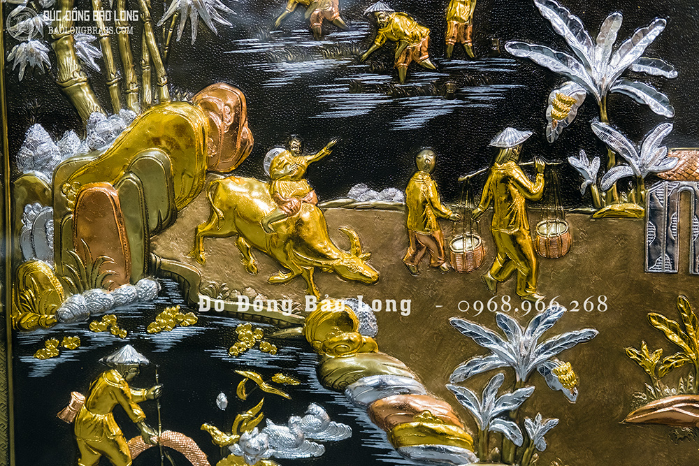 Tranh Cội Nguồn Quê Hương dát điểm vàng bạc khung gỗ khổ 2m62 x 1m55