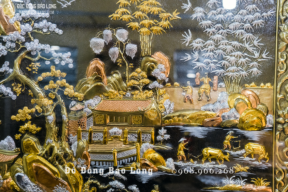 Tranh Cội Nguồn Quê Hương dát điểm vàng bạc khung gỗ khổ 2m62 x 1m55