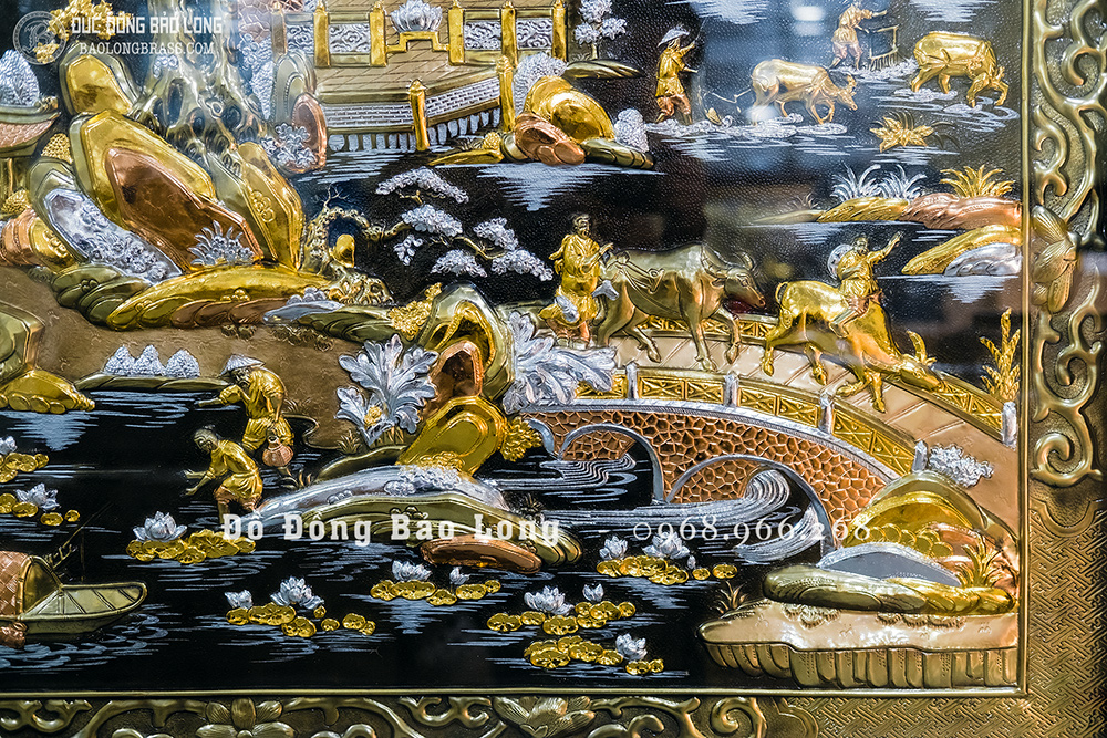 Tranh Cội Nguồn Quê Hương dát điểm vàng bạc khung gỗ khổ 2m62 x 1m55