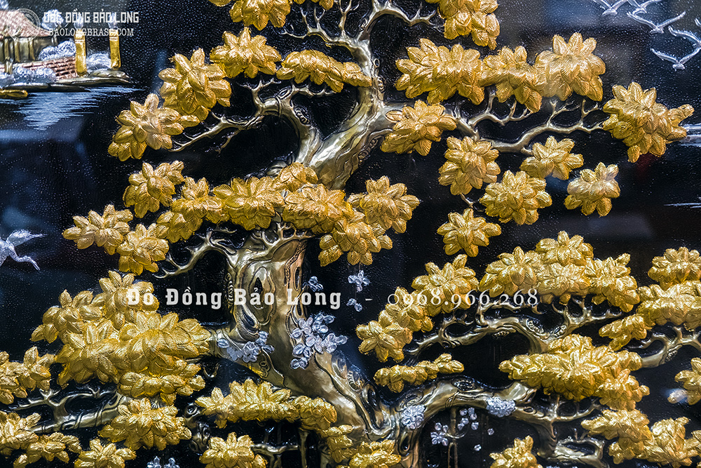 Tranh Cội Nguồn Quê Hương dát điểm vàng bạc khung gỗ khổ 2m62 x 1m55