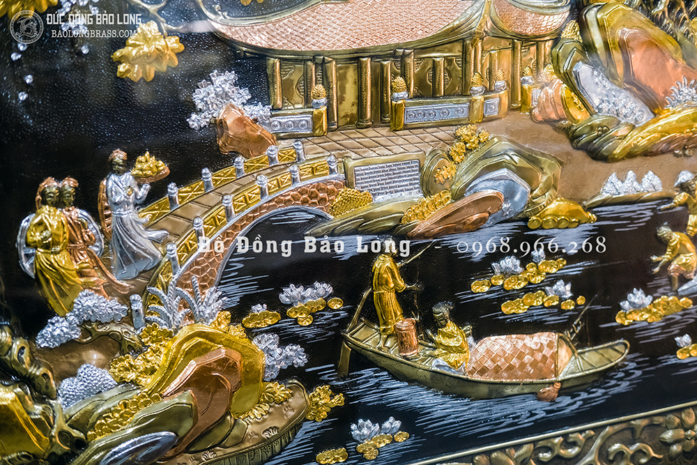 Tranh Cội Nguồn Quê Hương dát điểm vàng bạc khung gỗ khổ 2m62 x 1m55