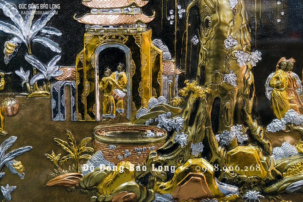 Tranh Cội Nguồn Quê Hương dát điểm vàng bạc khung gỗ khổ 2m62 x 1m55