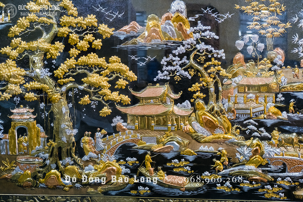 Tranh Cội Nguồn Quê Hương dát điểm vàng bạc khung gỗ khổ 2m62 x 1m55