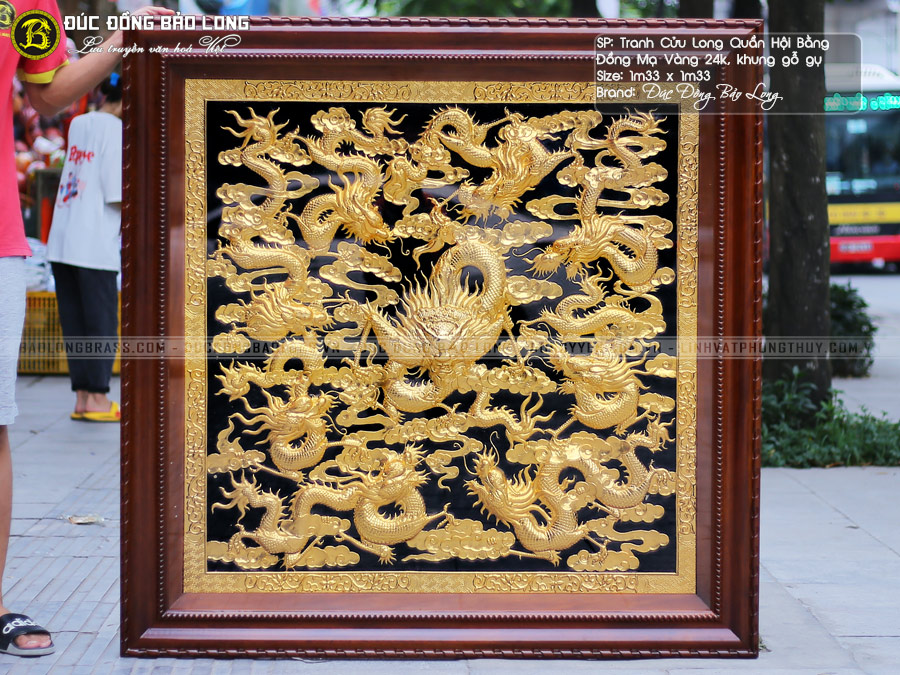 Tranh Cửu Long Quần Hội bằng đồng mạ vàng khung gỗ gụ khổ vuông 1m33