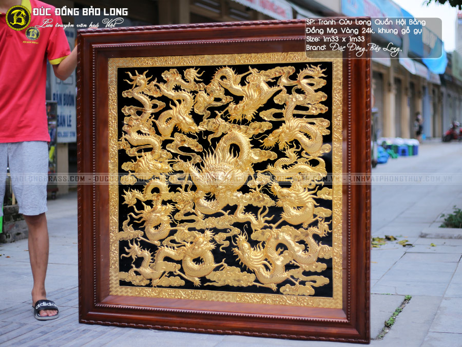 Tranh Cửu Long Quần Hội bằng đồng mạ vàng khung gỗ gụ khổ vuông 1m33