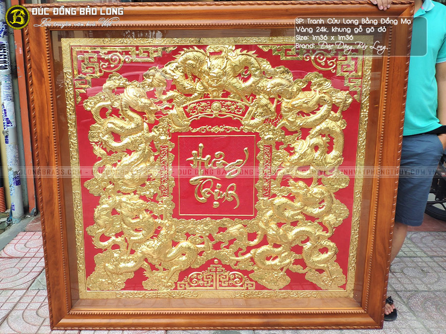 tranh Cửu Long Hưng Thịnh Mạ vàng 1m36 khung gỗ gõ