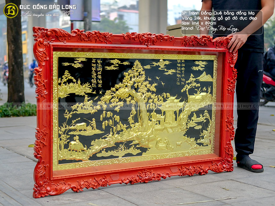 tranh đồng quê bằng đồng mạ vàng 24k khung gỗ hương 1m39x89cm