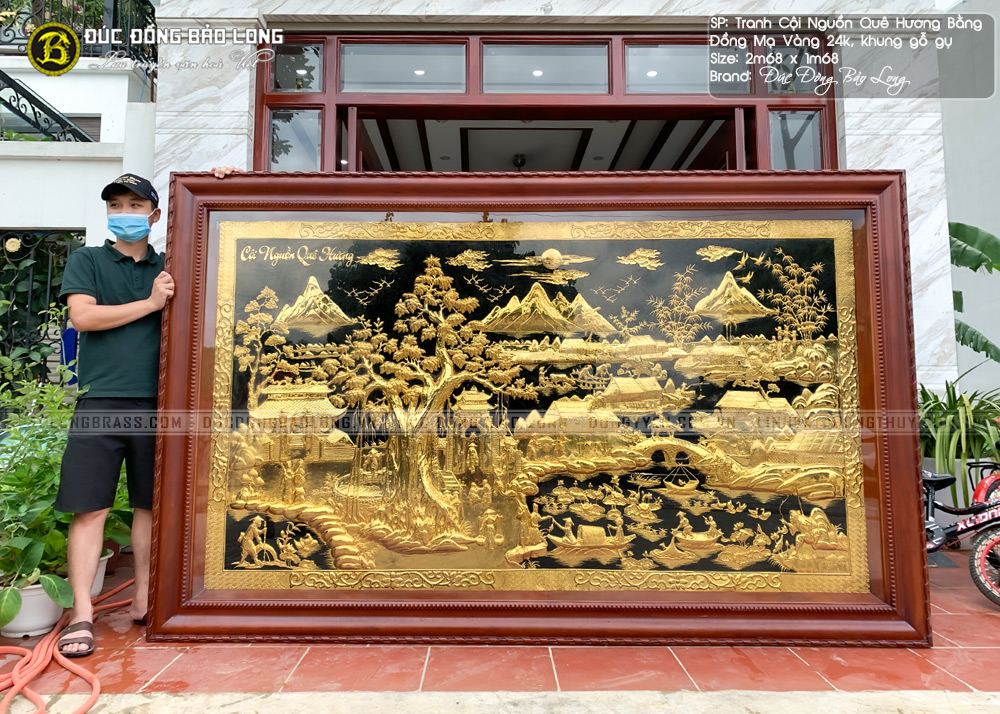 tranh đồng quê bằng đồng mạ vàng 24k khung gỗ gụ 2m68x1m68