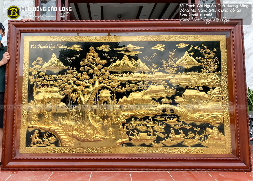 tranh đồng quê bằng đồng mạ vàng 24k khung gỗ gụ 2m68x1m68