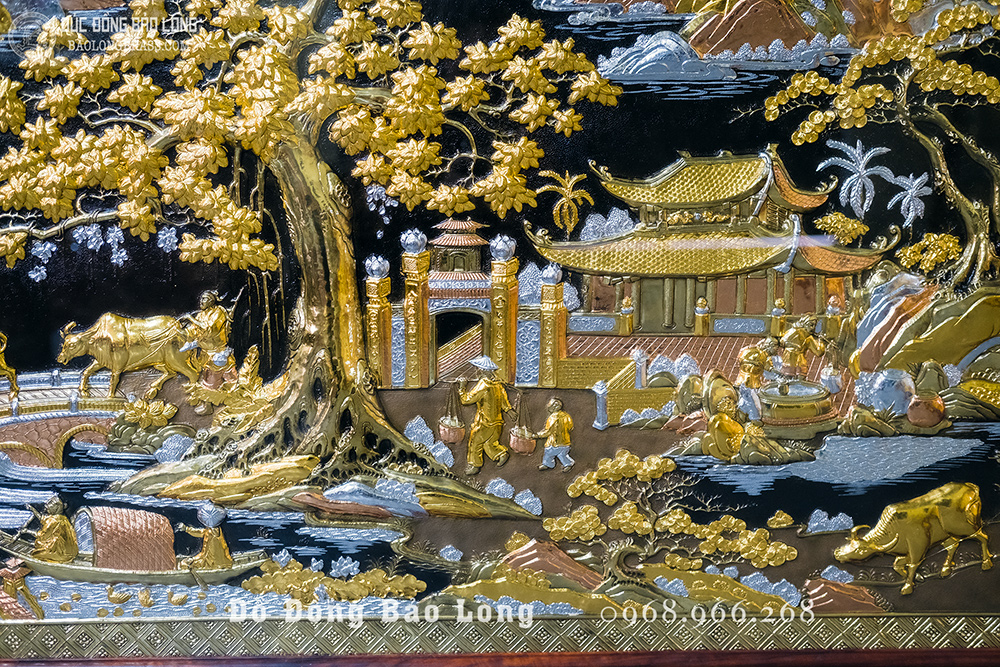 Tranh Đồng Quê bằng đồng đỏ dát điểm vàng bạc khổ 1m97 x 1m07