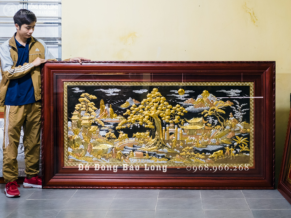 Tranh Đồng Quê bằng đồng đỏ dát điểm vàng bạc khổ 1m97 x 1m07