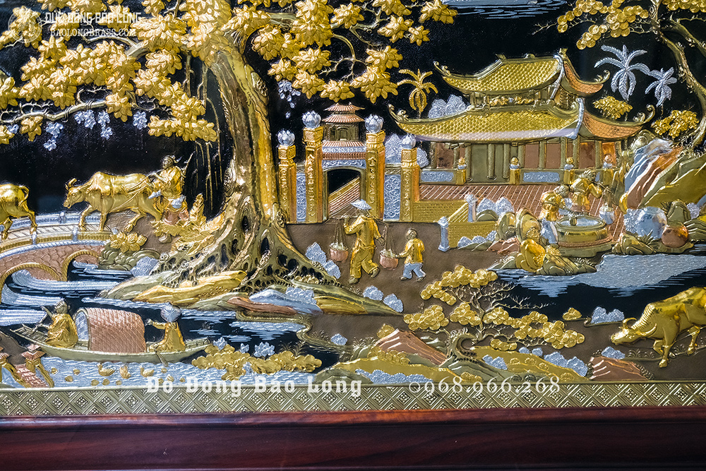 Tranh Đồng Quê bằng đồng đỏ dát điểm vàng bạc khổ 1m97 x 1m07