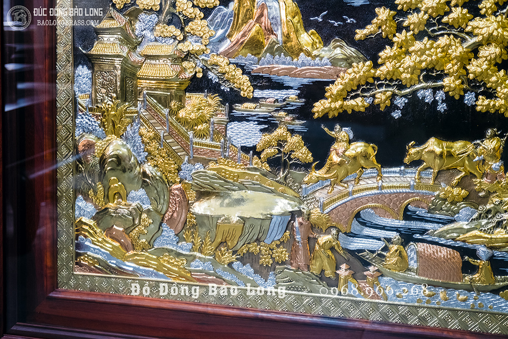 Tranh Đồng Quê bằng đồng đỏ dát điểm vàng bạc khổ 1m97 x 1m07