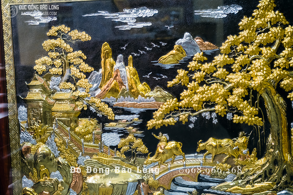 Tranh Đồng Quê bằng đồng đỏ dát điểm vàng bạc khổ 1m97 x 1m07