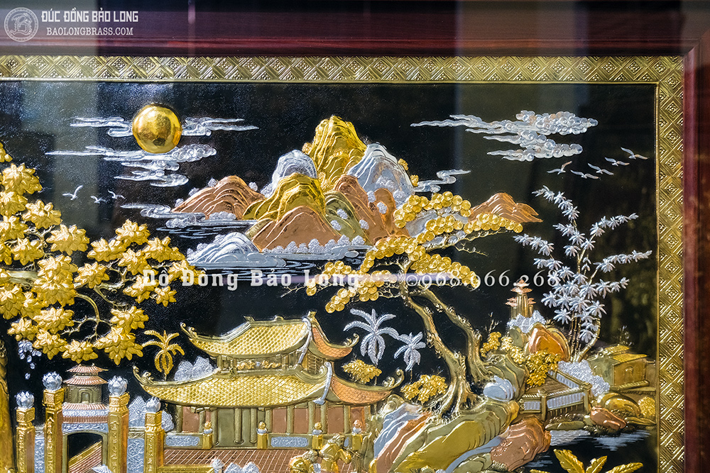 Tranh Đồng Quê bằng đồng đỏ dát điểm vàng bạc khổ 1m97 x 1m07