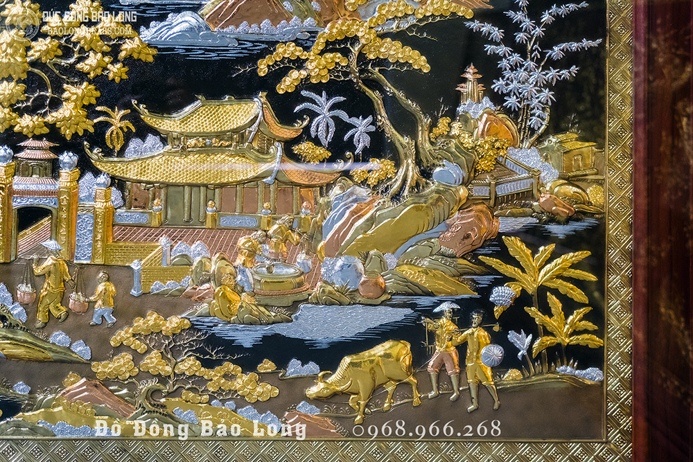 Tranh Đồng Quê bằng đồng đỏ dát điểm vàng bạc khổ 1m97 x 1m07