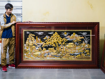 Tranh Đồng Quê Bằng Đồng Đỏ Dát Điểm Vàng Bạc Khổ 1m97 x 1m07 Hàng Kỹ