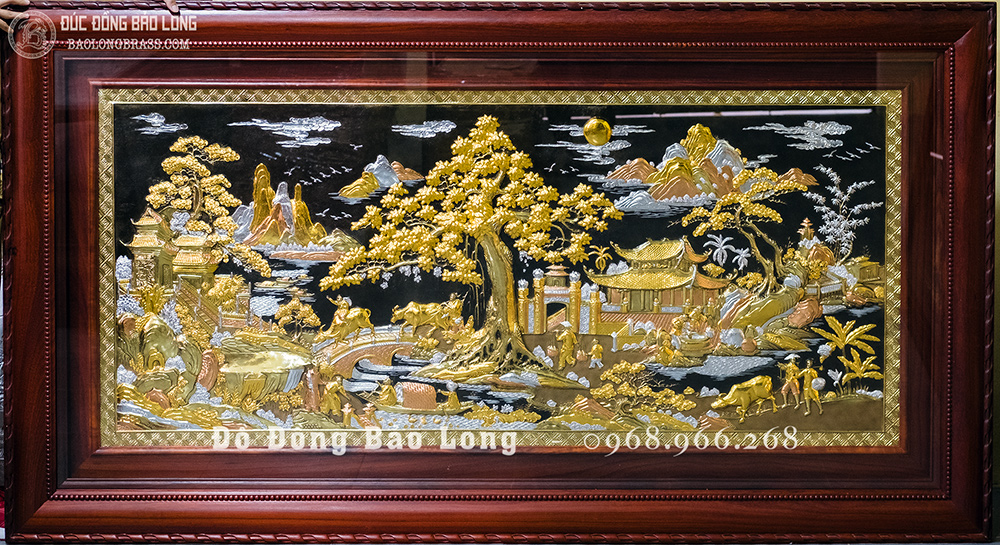 Tranh Đồng Quê Bằng Đồng Đỏ Dát Điểm Vàng Khổ 1m97 x 1m07
