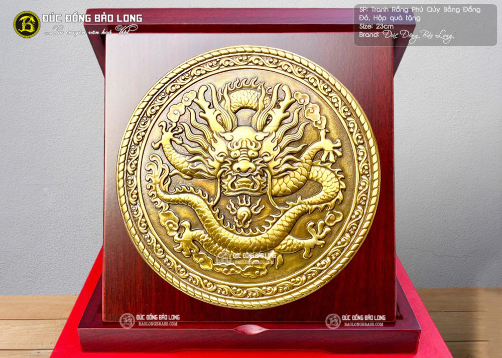 Tranh Rồng Phú Qúy Bằng Đồng Vàng, Hộp quà tặng khổ 23cm