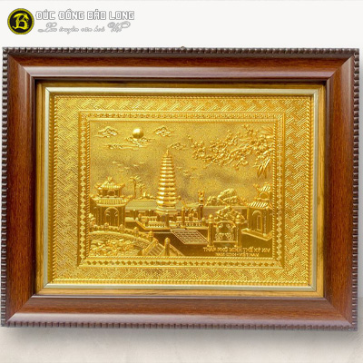 Tranh Tháp Phổ Minh Bằng Đồng Mạ Vàng Khổ 28cm x 34cm, Khung Nhựa