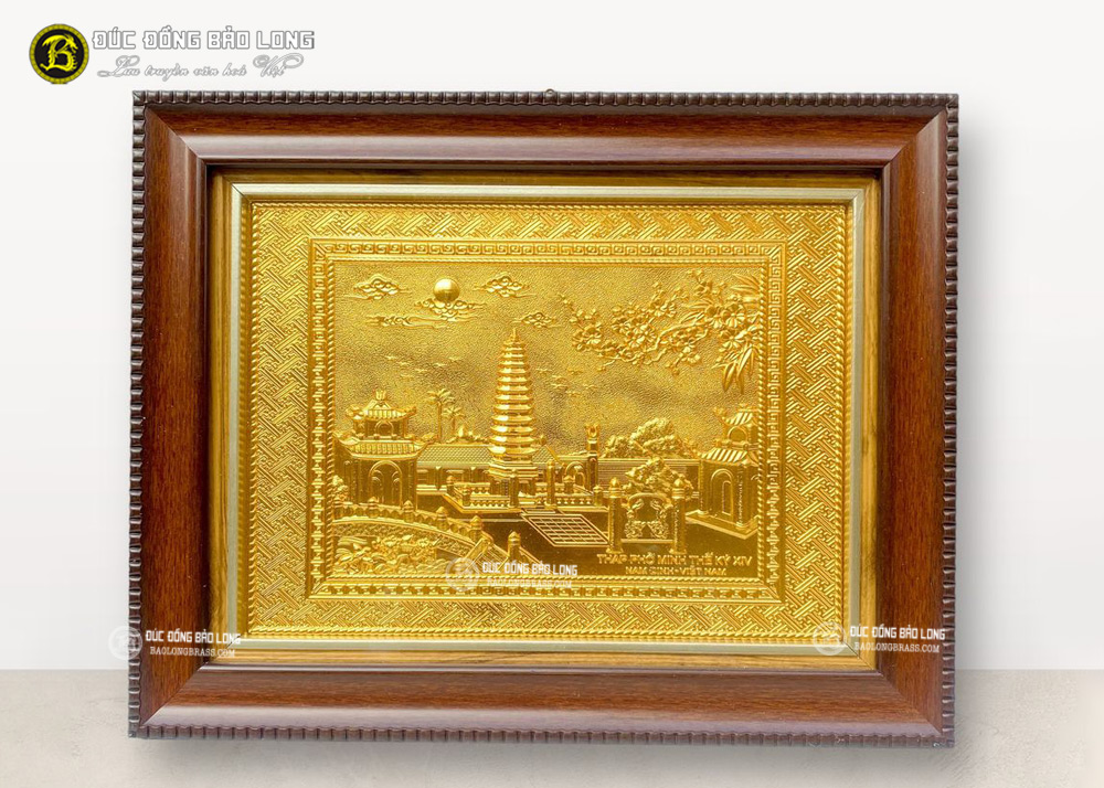 Tranh Tháp Phổ Minh Bằng Đồng Mạ Vàng Khổ 28cm x 34cm, Khung Nhựa
