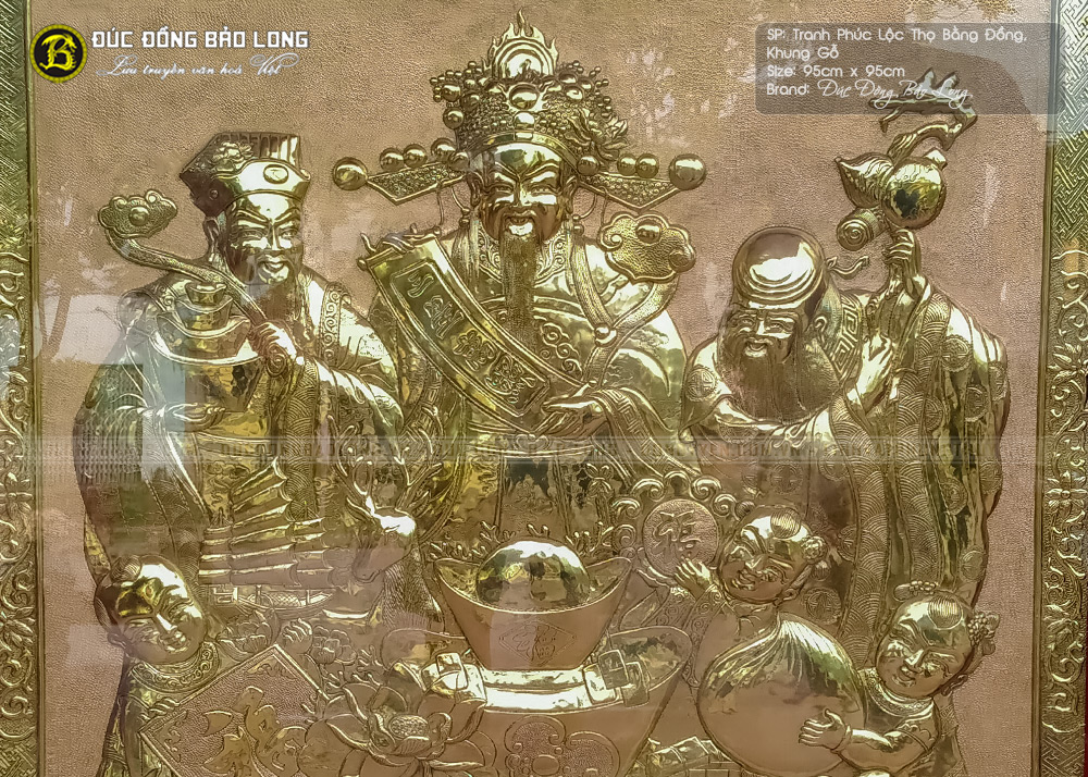 tranh Phúc Lộc Thọ bằng đồng 95cm khung gỗ