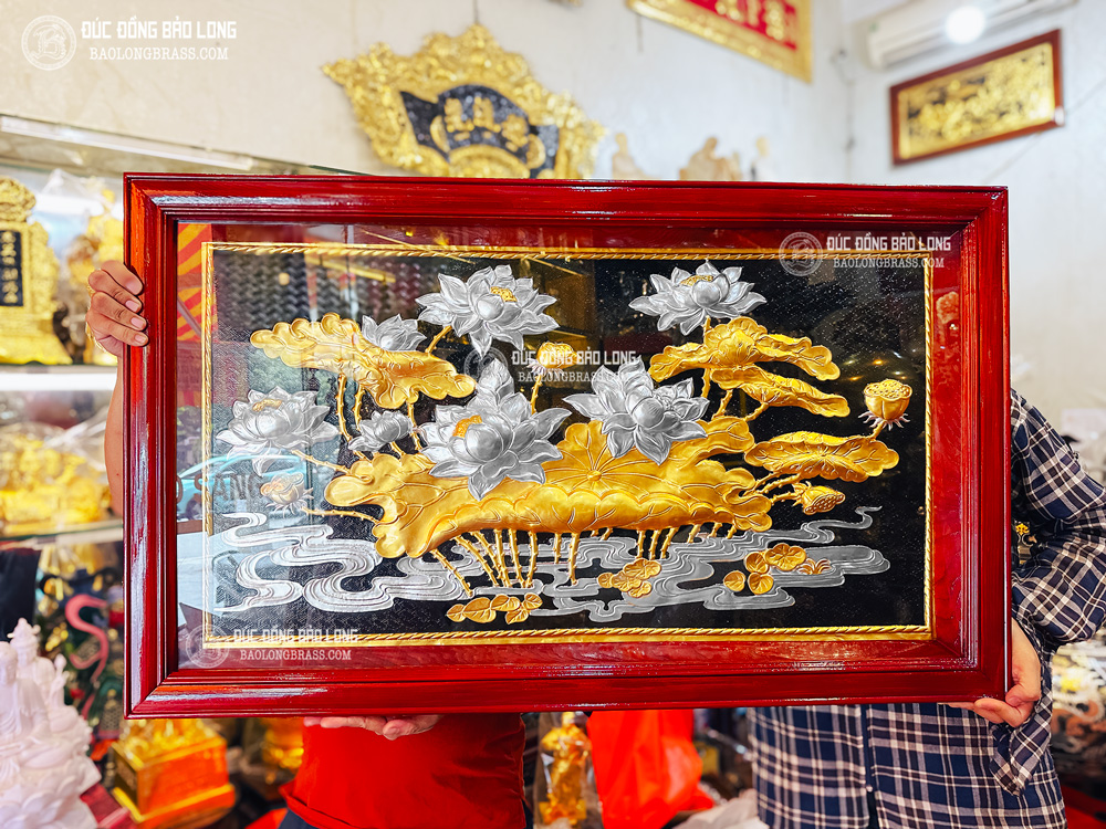 Tranh Hoa Sen Bằng Đồng Dát Vàng Dát Bạc Khổ 1m x 60cm