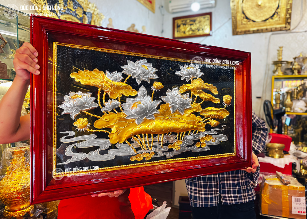 Tranh Hoa Sen Bằng Đồng Dát Vàng Dát Bạc Khổ 1m x 60cm