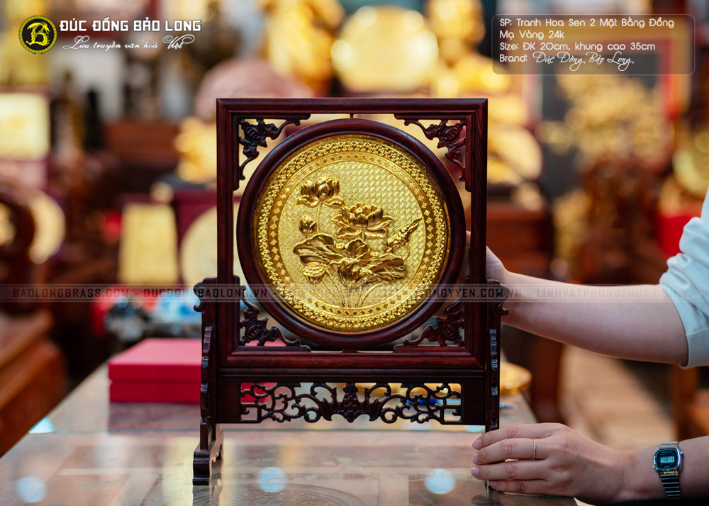 tranh Hoa Sen để bàn Mạ vàng khung gỗ Đk 20cm