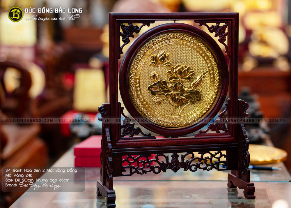 tranh Hoa Sen hai mặt để bàn Mạ vàng Đk 20cm
