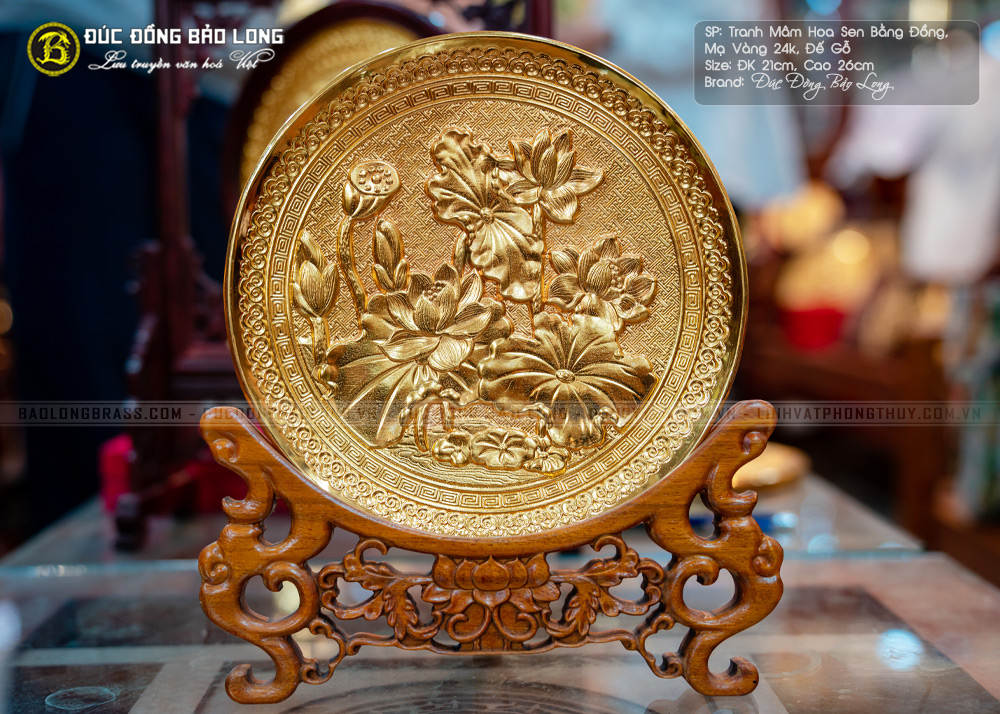 đĩa đồng hoa sen mạ vàng 24k cao 26cm để bàn