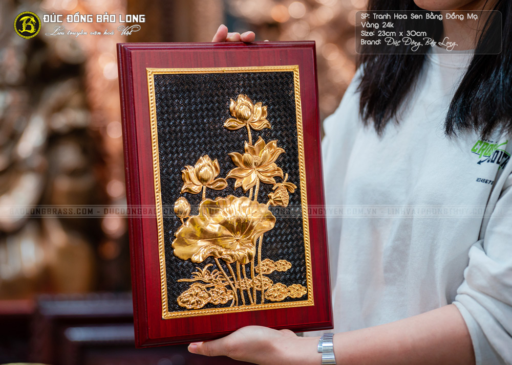 tranh Hoa Sen Mạ vàng để bàn khung gỗ 23cm x 30cm