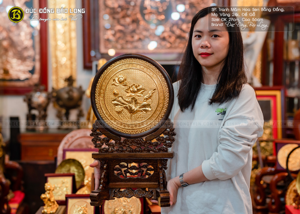 Tranh mâm Hoa Sen bằng đồng mạ vàng 24k đế gỗ cao cấp