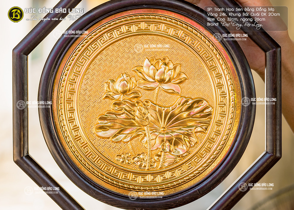 tranh Hoa Sen để bàn Mạ vàng Đk 20cm khung bát giác