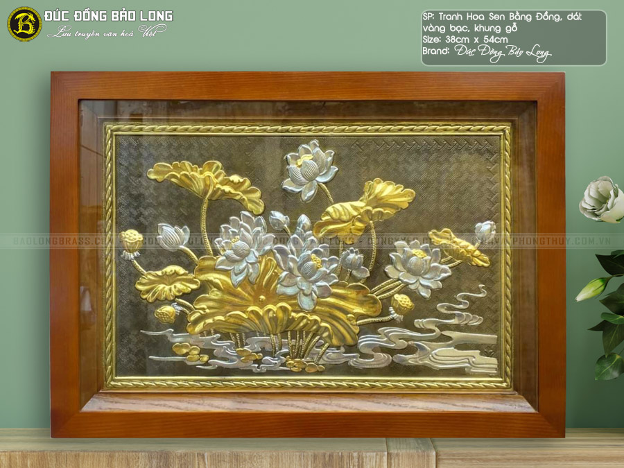 tranh hoa sen bằng đồng dát vàng, bạc khổ 38cmx54cm