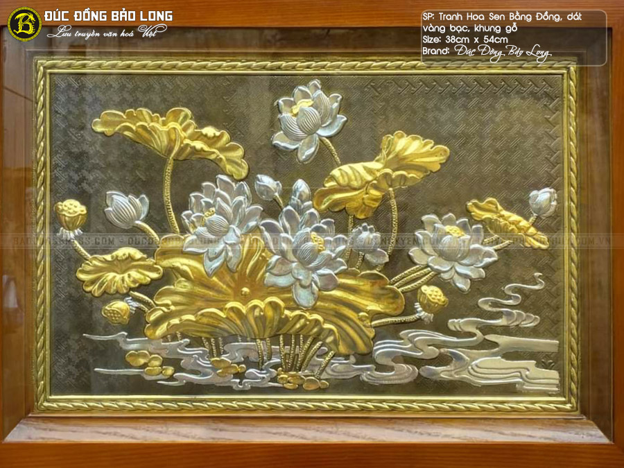 tranh Hoa Sen bằng đồng dát vàng bạc 54cm
