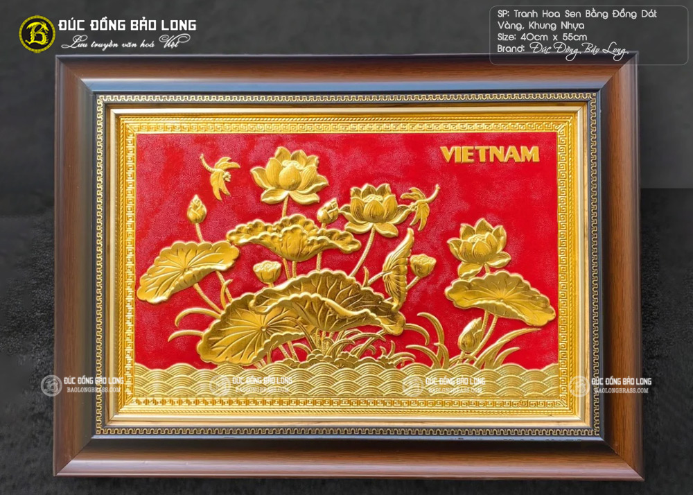 Tranh Đồng Hoa Sen Dát Vàng Khổ Ngang 40cm x 55cm