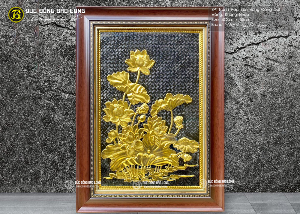 Tranh Đồng Hoa Sen Dát Vàng Khổ Đứng 40cm x 55cm